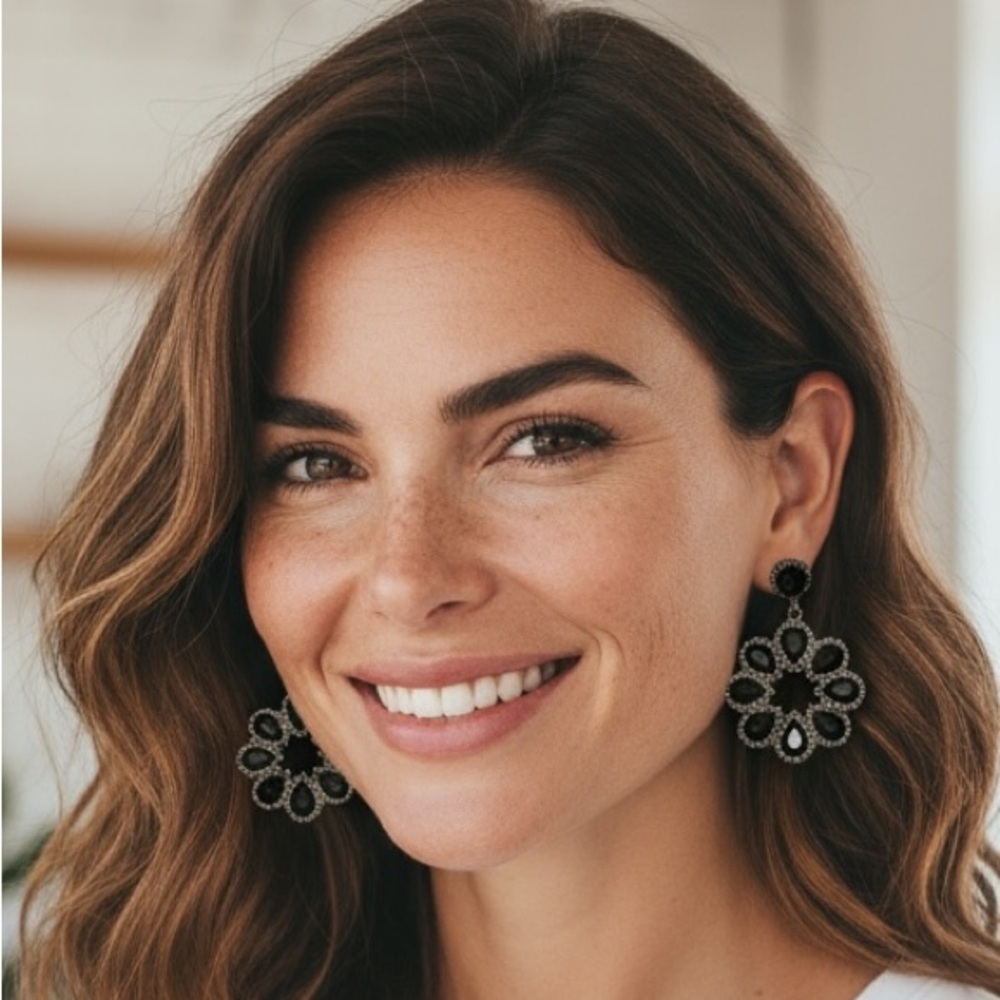 REBECCA MINKOFF XL Silver Crystal Black Faceted Stone Drop Flower Earrings